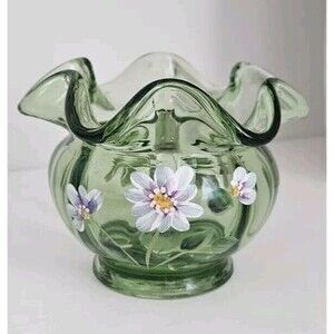 Small Green Floral Flower Hand painted Fenton Vase